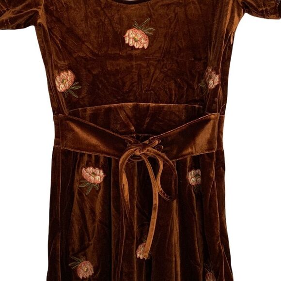 Honey Belle Midnight Reveries Brown Floral Velvet Short Sleeve Corset Dress - Picture 7 of 14